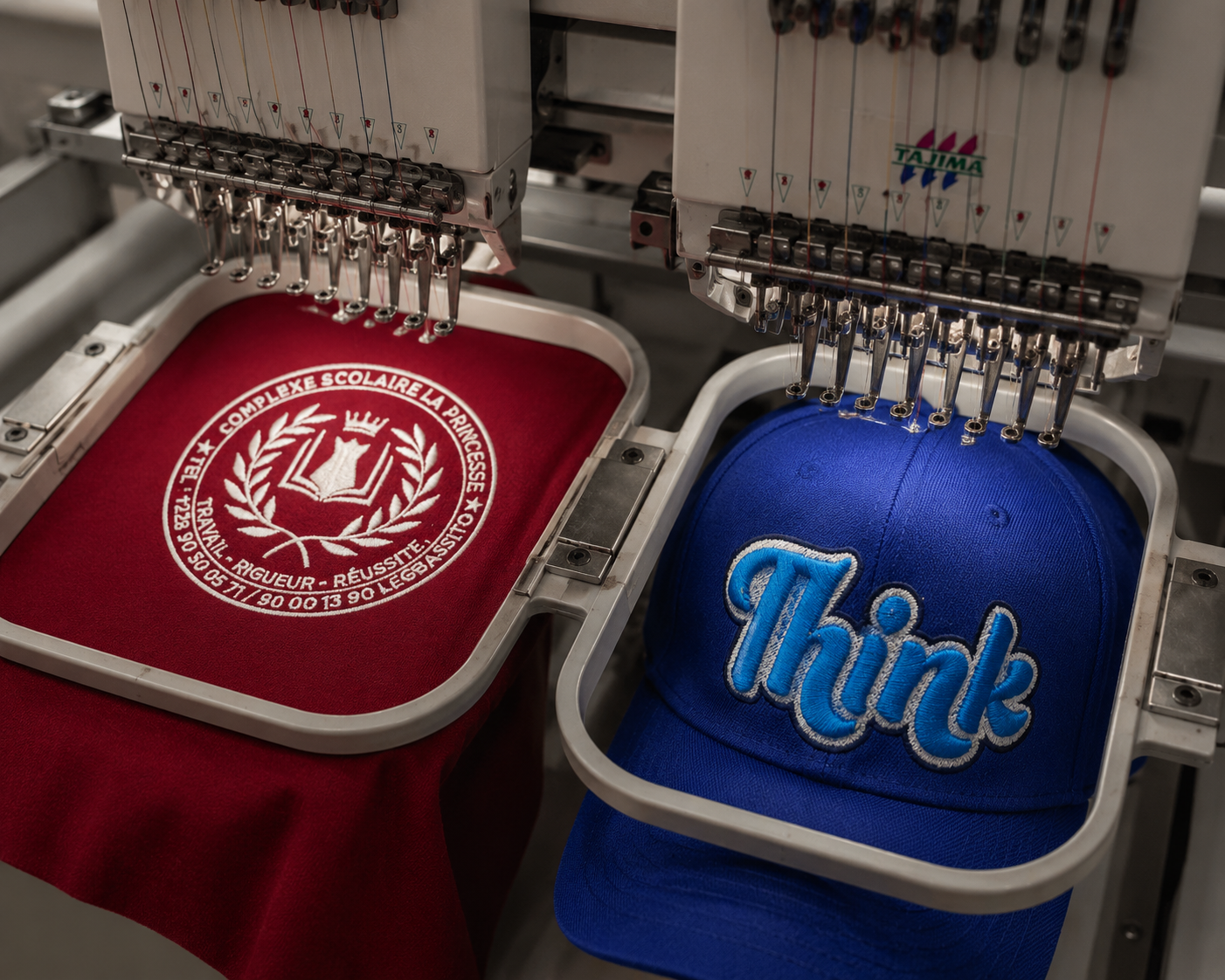 Broderie numérique d'un écusson scolaire et d'une casquette sur machine Tajima