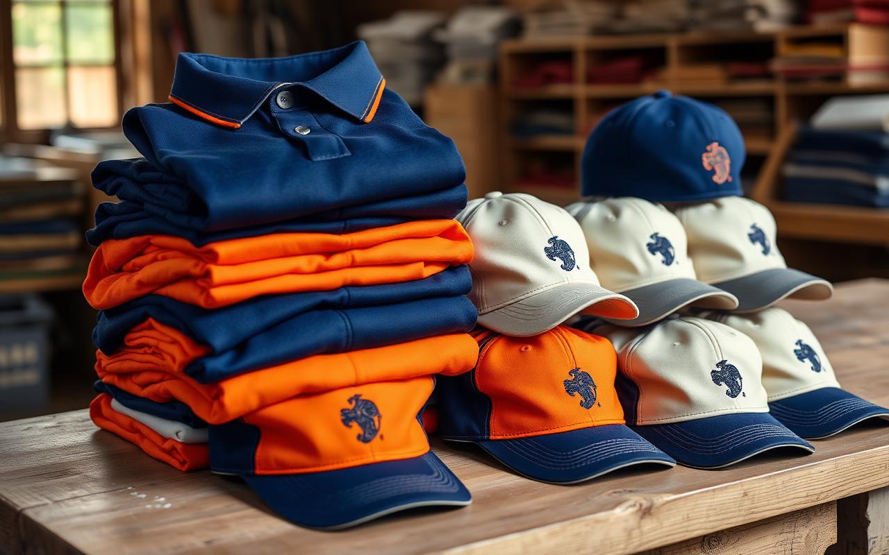 Polos sérigraphiés et casquettes brodées empilés dans l'atelier AKOYA Services